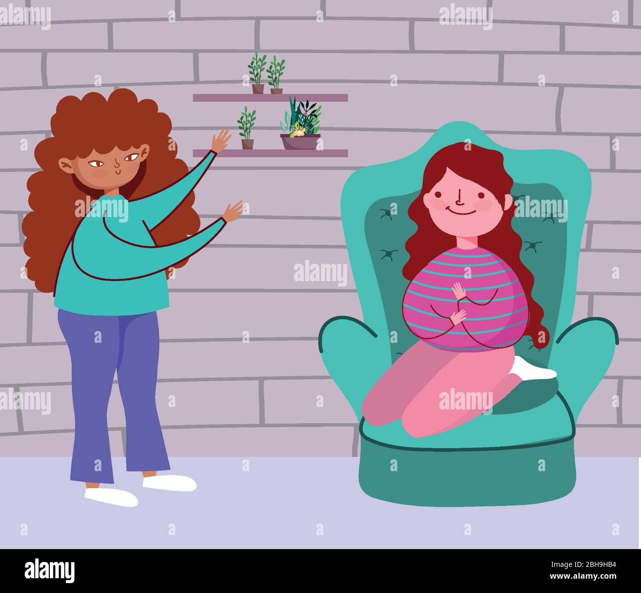 girls with sofa in room, quarantine stay at home vector illustration ...