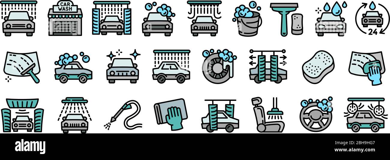 Car wash icons set. Outline set of car wash vector icons for web design ...