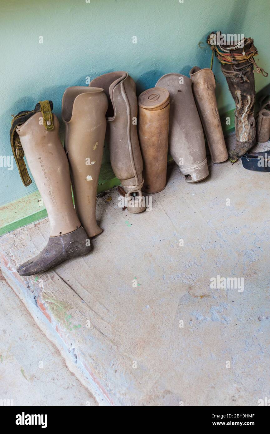 Cambodia, Siem Reap, Landmine Museum, run by unexploded ordnance orgaization, home made leg prosthesis Stock Photo