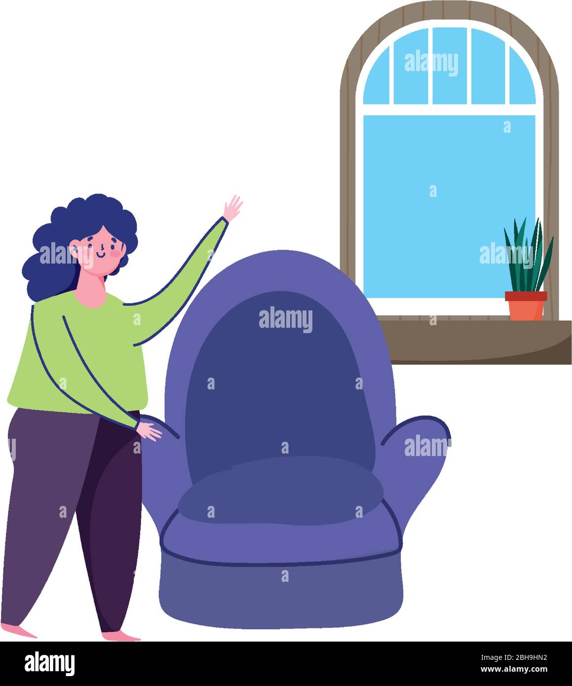 woman with chair in room, quarantine stay at home vector illustration ...