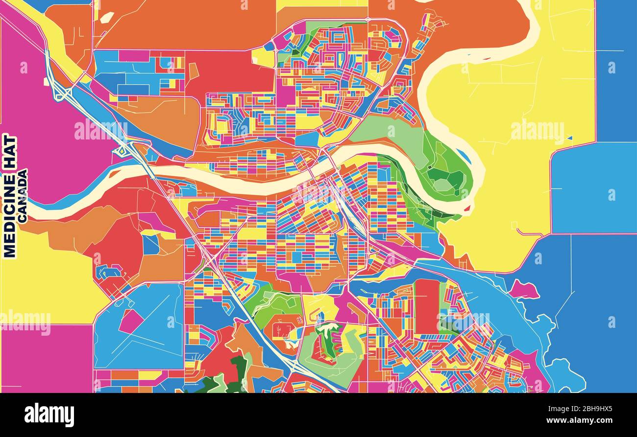 Colorful vector map of Medicine Hat, Alberta, Canada. Art Map template