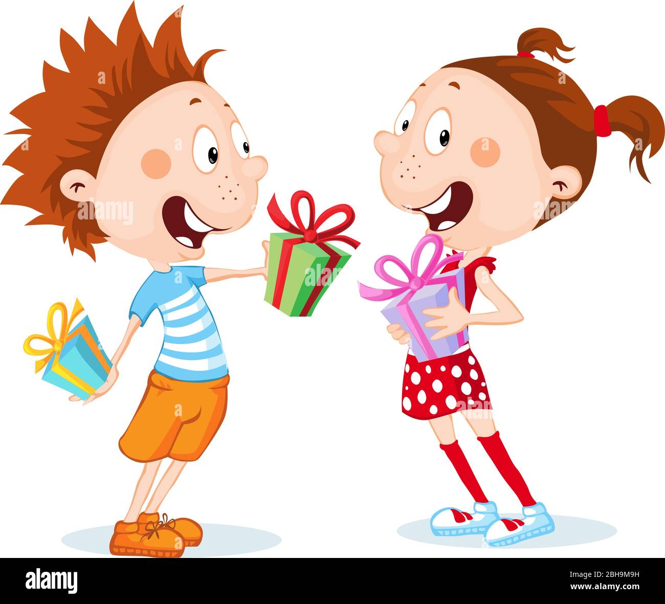 Children - Boy and Girl Unwrap Gifts isolated on white - vector illustration Stock Vector
