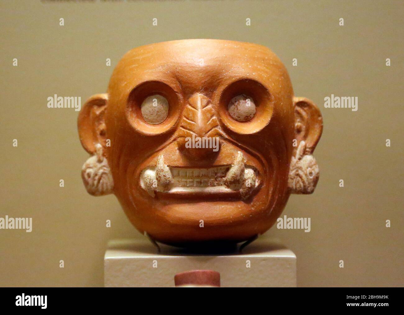 Pre-Columbian era. Ceramic bowl molded and painted in form of a fanged head. Moche style, Peru. Stock Photo