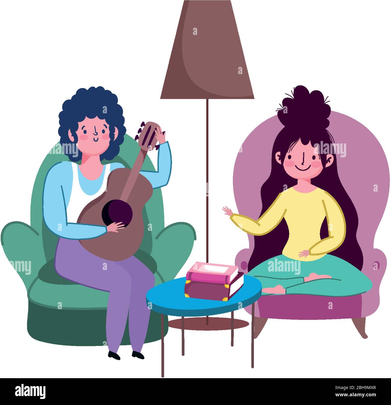 stay at home, couple in living room with guitar playing music cartoon