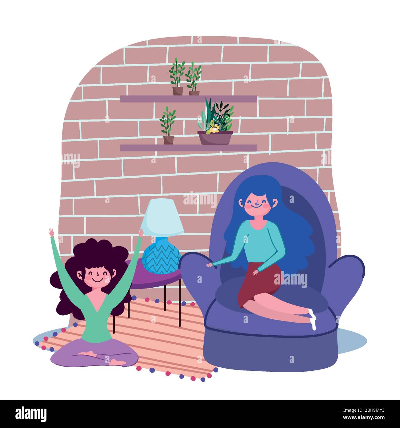 woman in chair and girl yoga pose, quarantine stay at home vector ...