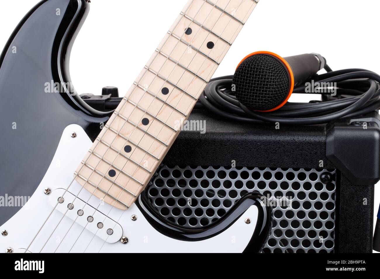 Guitar with amplifier, microphone and audio cord Stock Photo Alamy