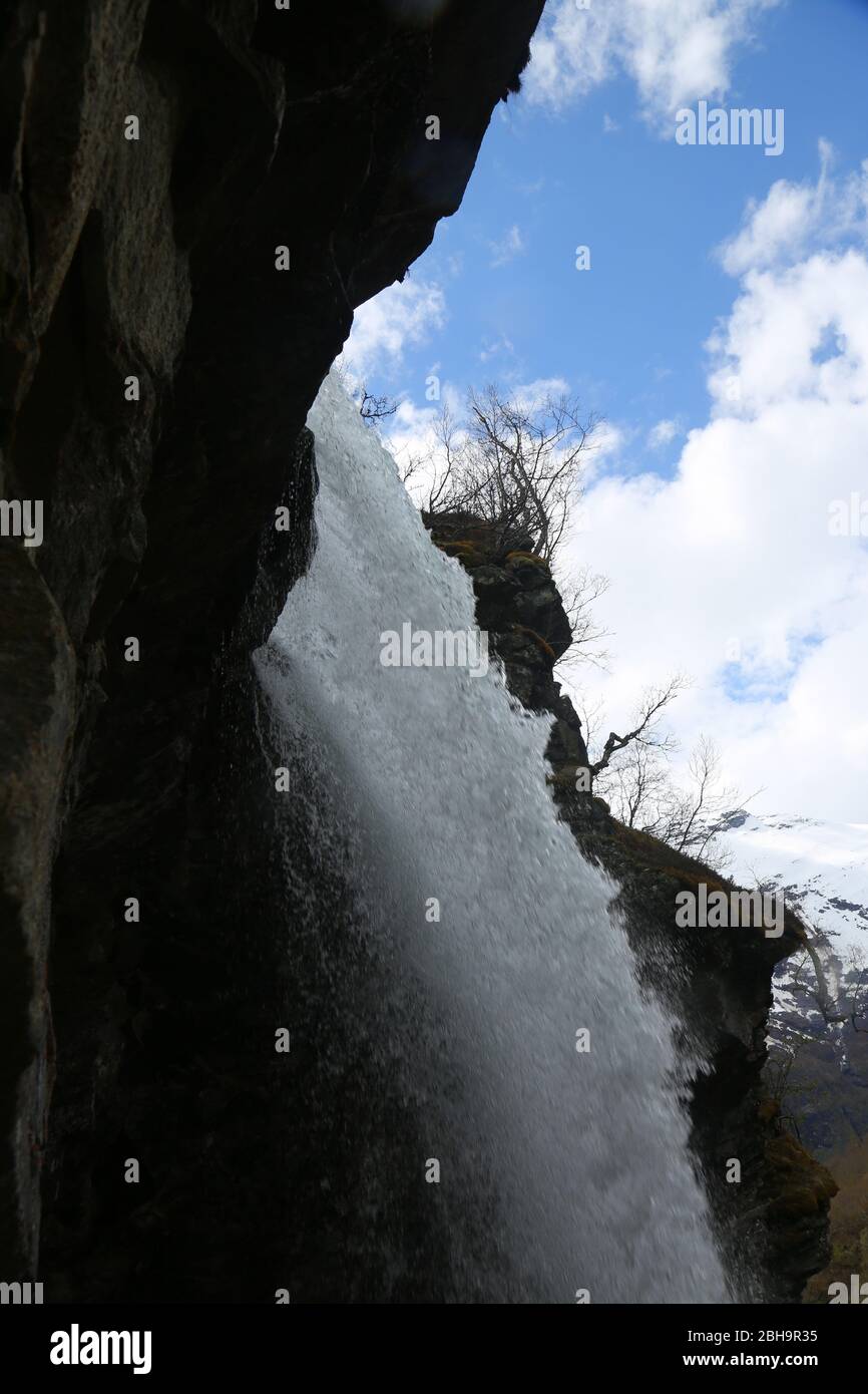 Norwegian waterfall in hills outside Geiranger Stock Photo