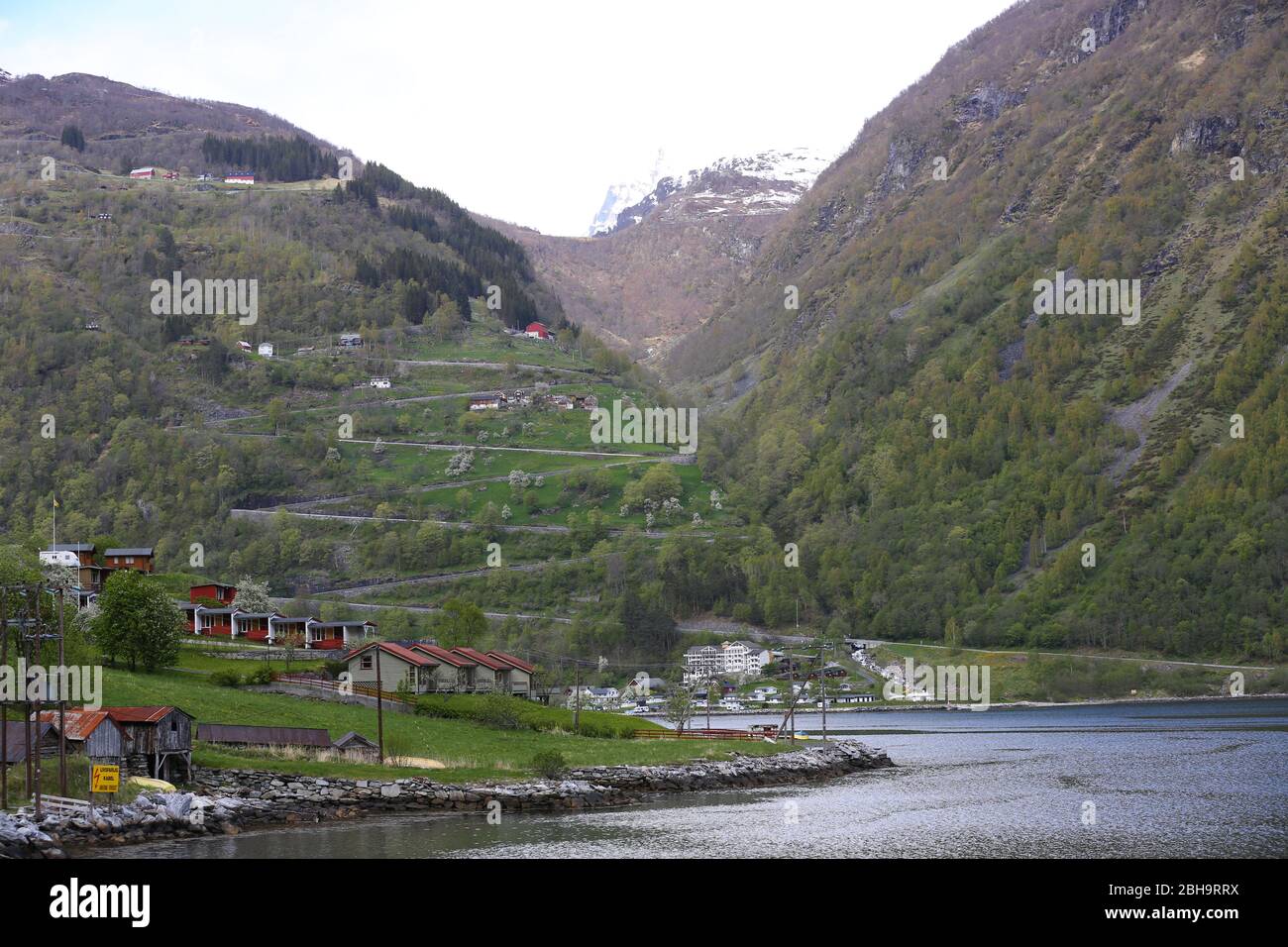 Winding mountain road above Geirangerfjord Stock Photo