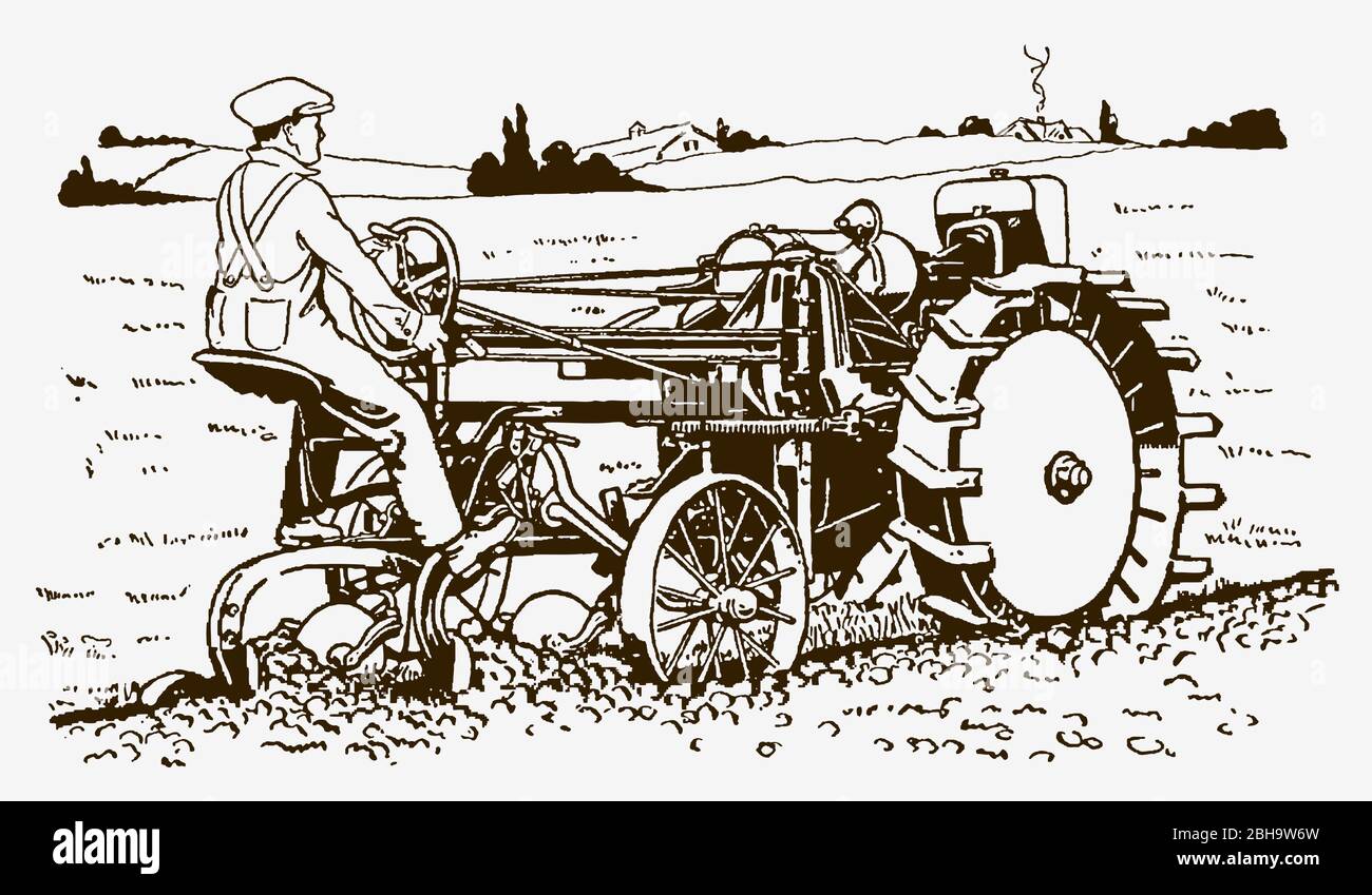 Historical farmer driving a tractor plow in a field in three-quarter ...