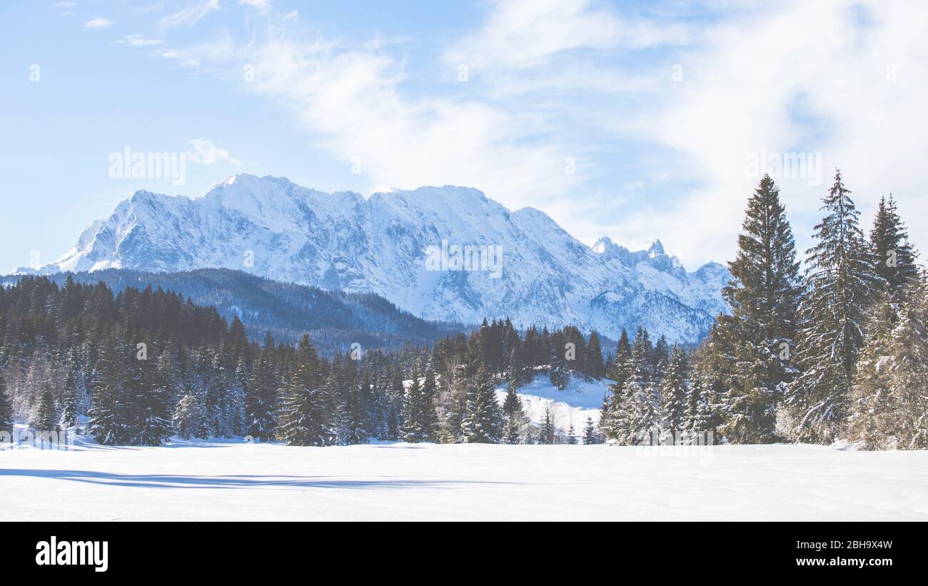 On Tennsee near Krün in winter with a view of the Wetterstein massif and the summits of the Alps near Landkreis Garmisch-Partenkirchen, Bavaria, Germany. Stock Photo