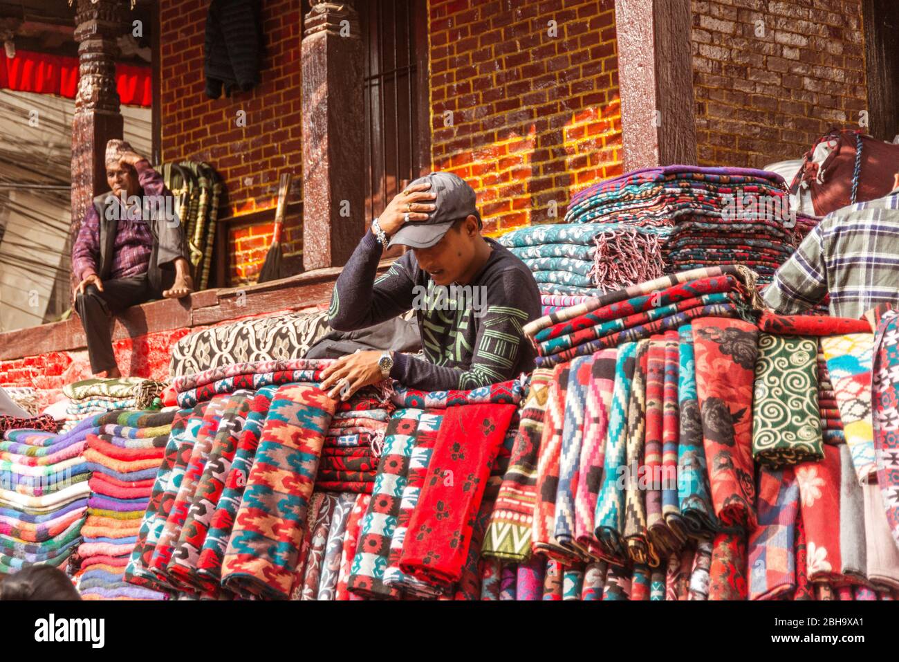 Market vendors, fabrics, shawls, market, Stock Photo
