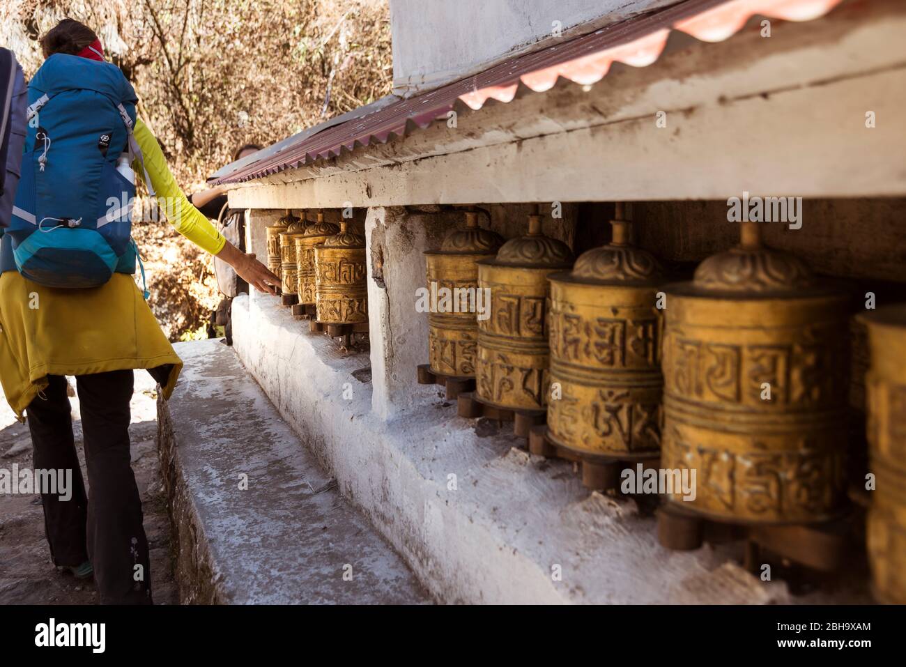 1 person from the back, prayer wheels Stock Photo