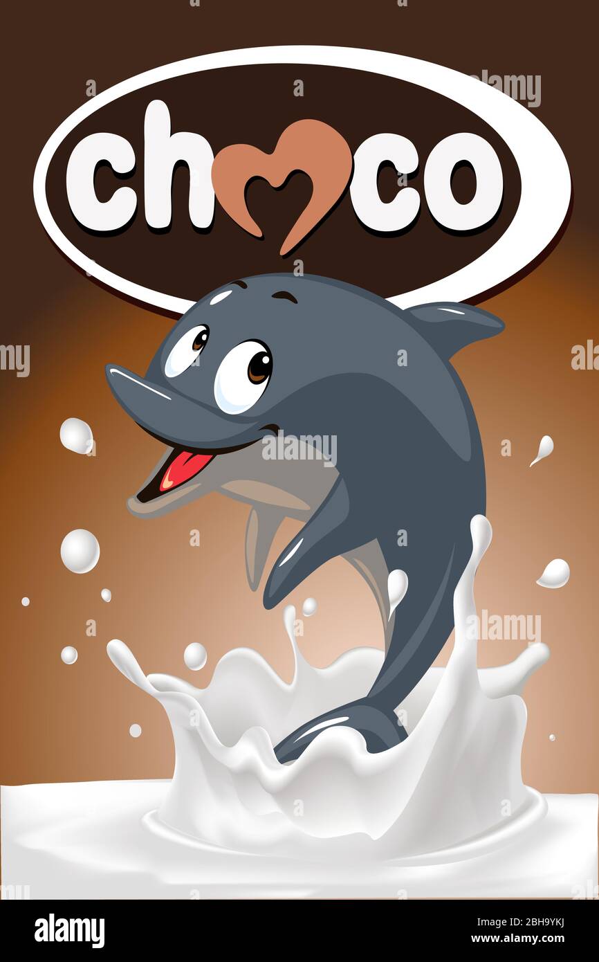 chocolate splash milk design with cute dolphin vector illustration Stock Vector