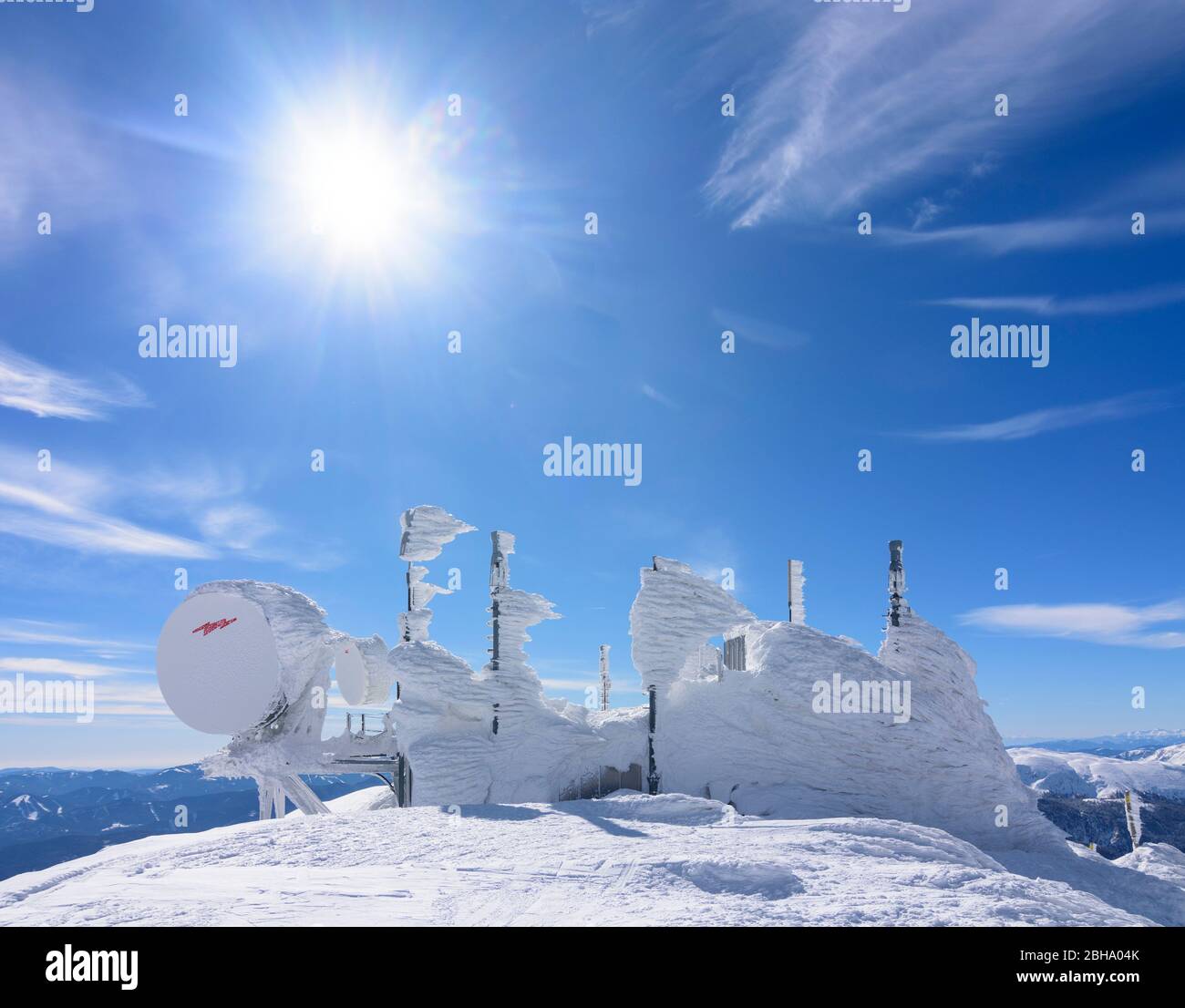 Puchberg am Schneeberg: mountain Schneeberg, summit monastery coat of arms, snow covered radar station in Vienna Alps, Alps, Lower Austria, Lower Austria, Austria Stock Photo
