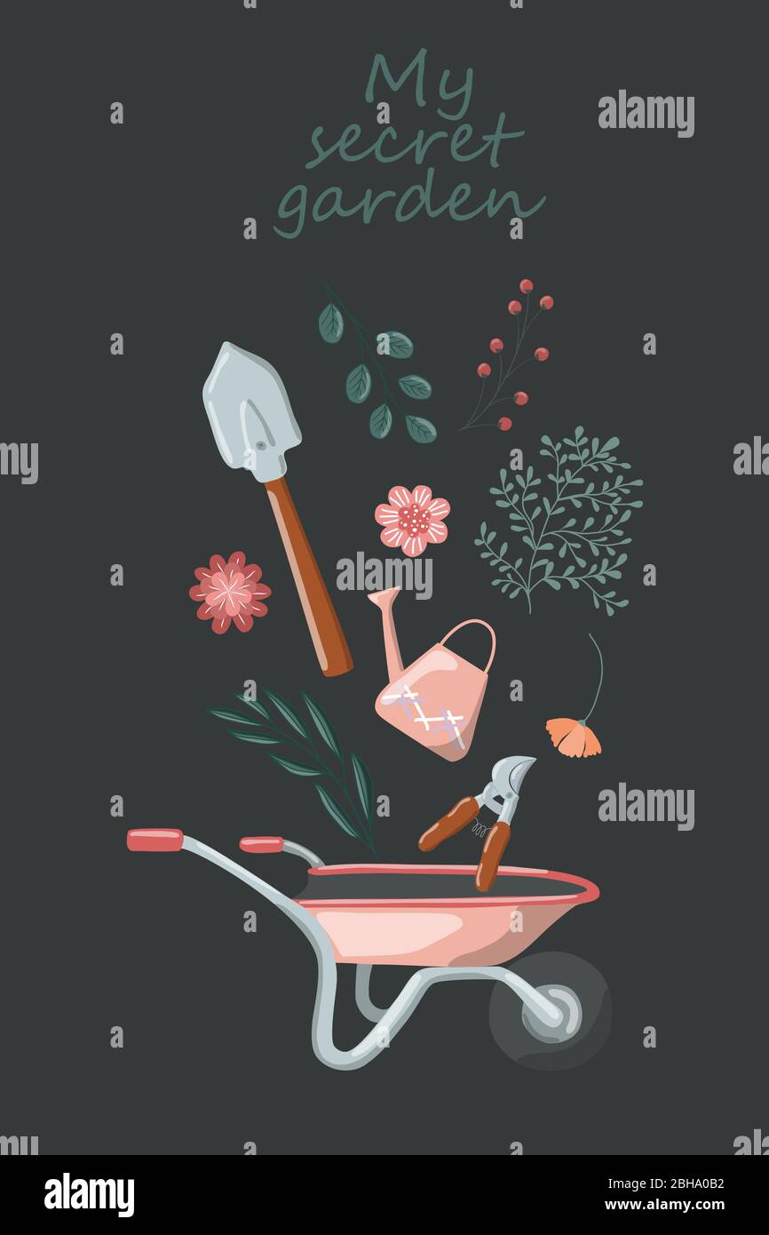 Garden tools and plants vector hand drawn design elements Stock Vector