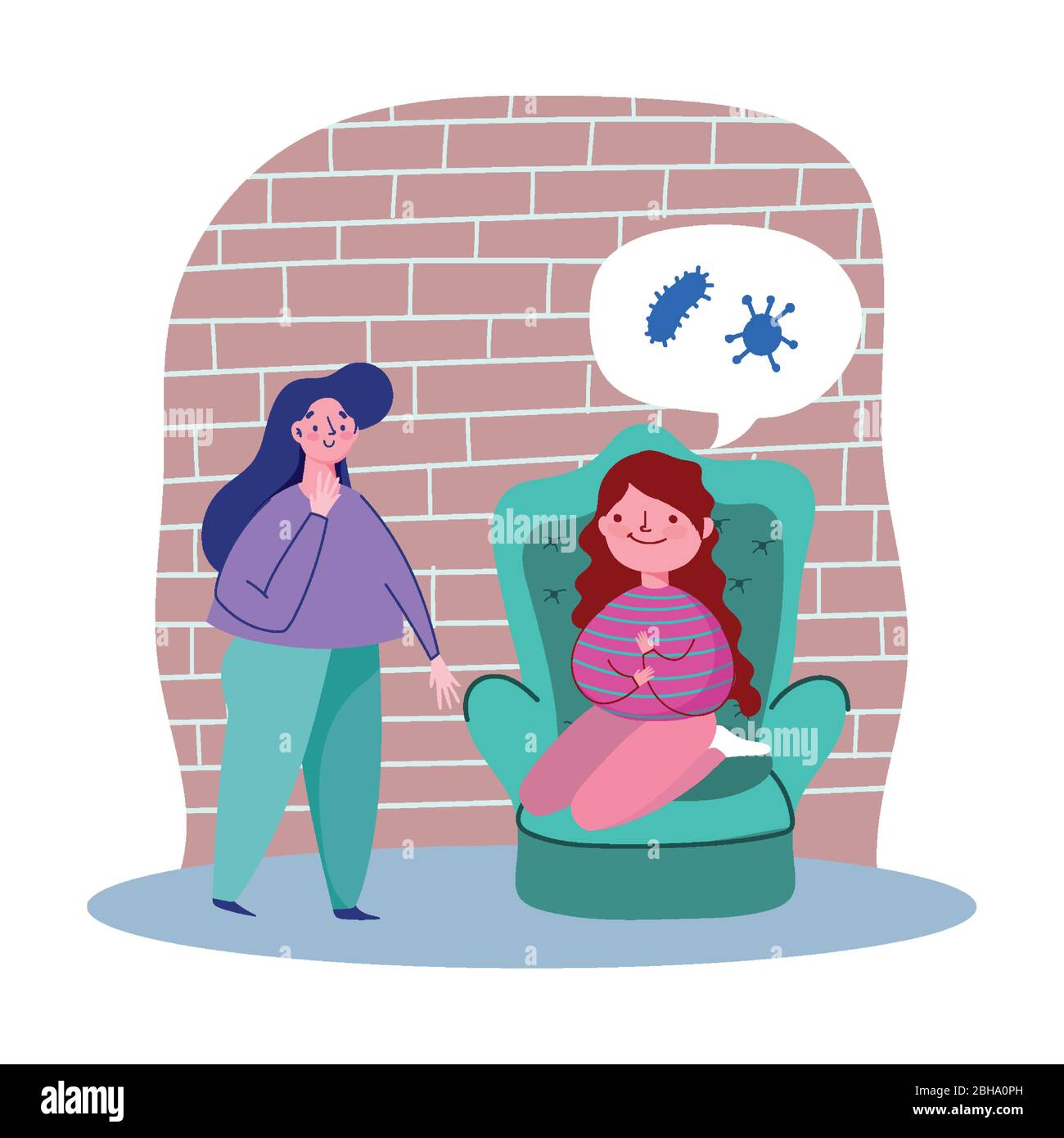 woman and girl with sofa, quarantine stay at home vector illustration ...