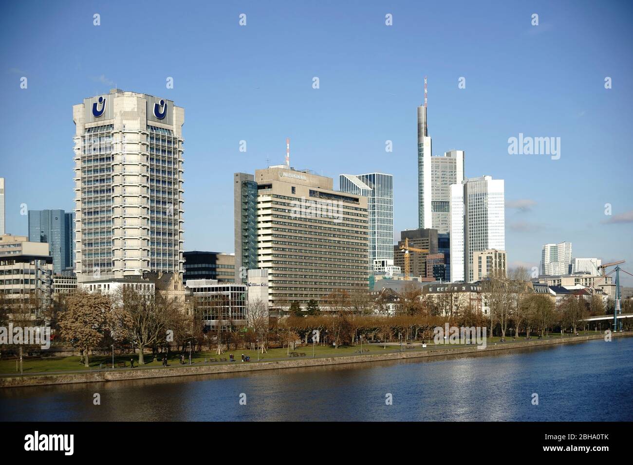 Frankfurt, Germany, Hotel Intercontinental, the Union Investment skyscraper, the Commerzbank Tower and other buildings and skyscrapers along the River Main Stock Photo