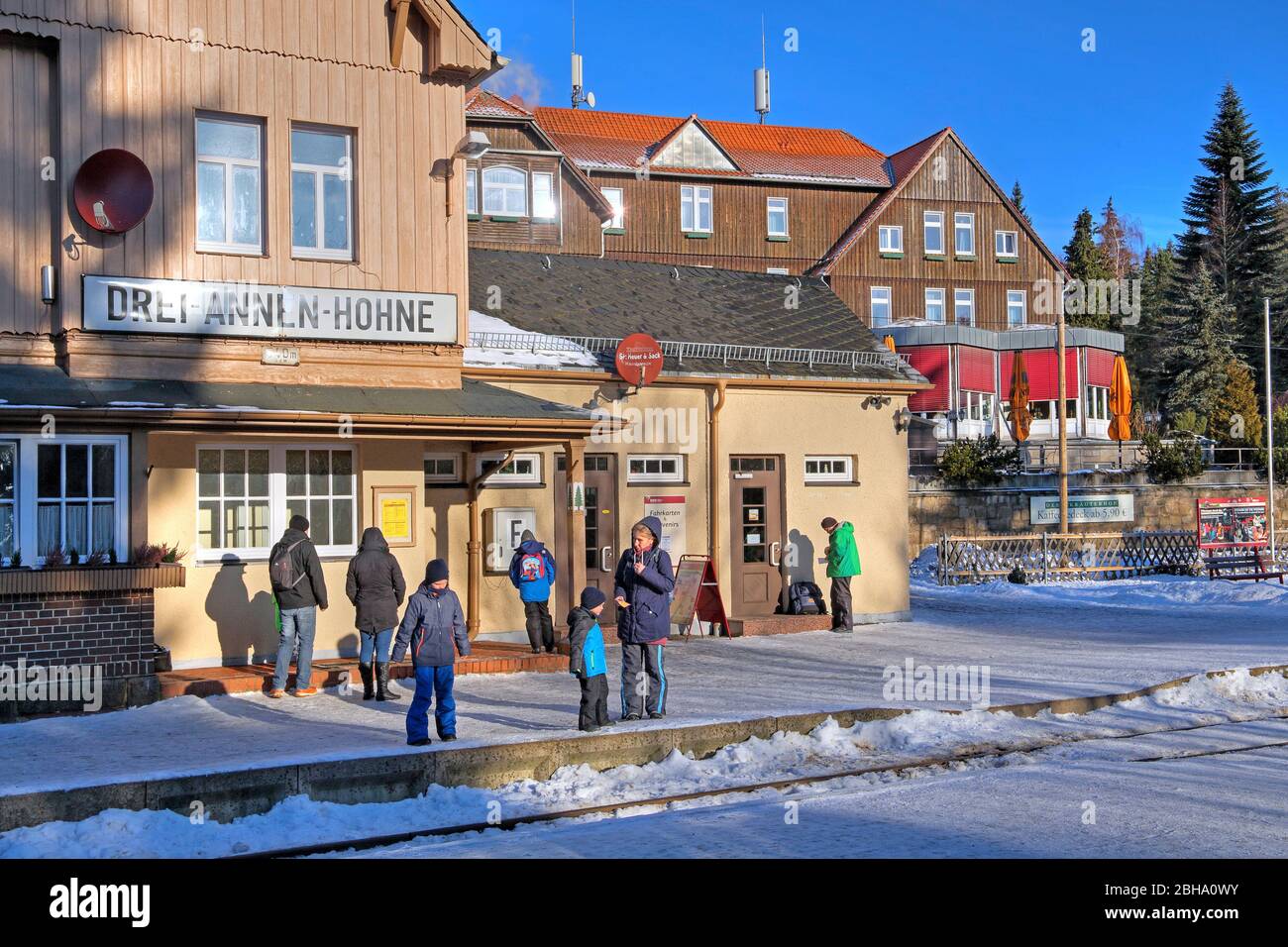 People at the station Drei-Annen-Hohne, Wernigerode, Harz Nature Park, Saxony-Anhalt, Northern Germany, Germany Stock Photo