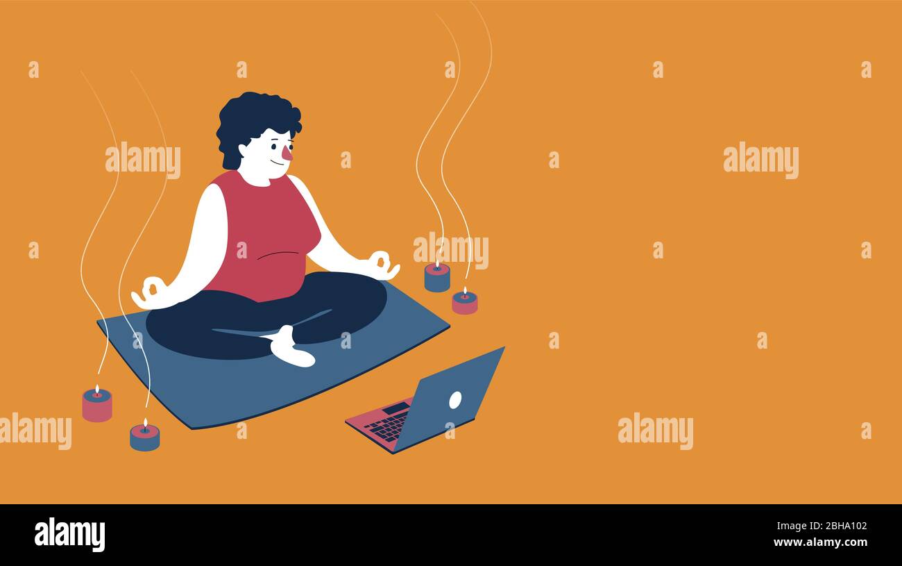 Vector illustration of a woman e-learning meditation and yoga with a laptop at home and copy space on the right Stock Vector