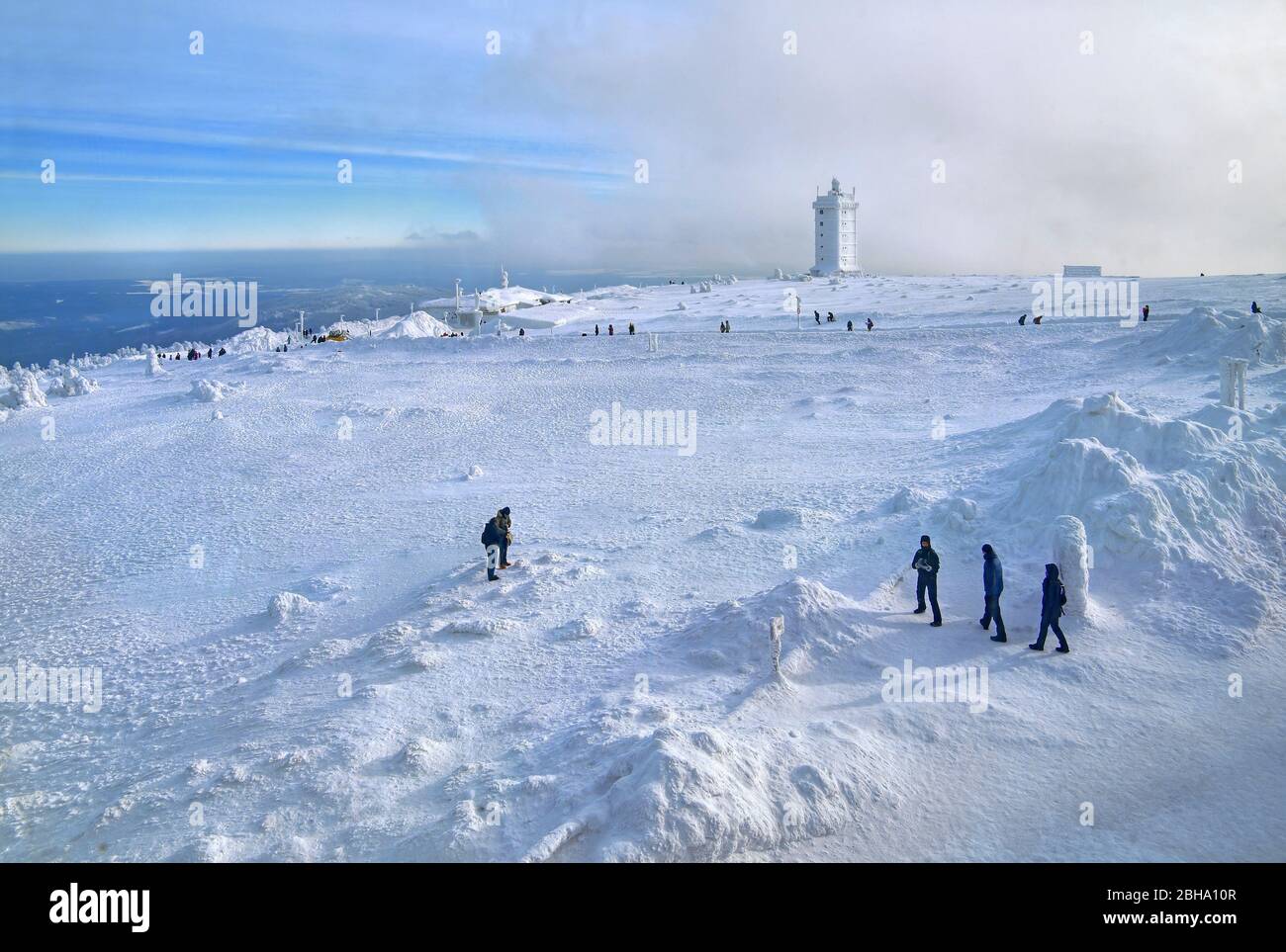 Hikers and Weather station at the summit, at Brocken, Wernigerode, Harz Nature Park, Saxony-Anhalt, Germany Stock Photo
