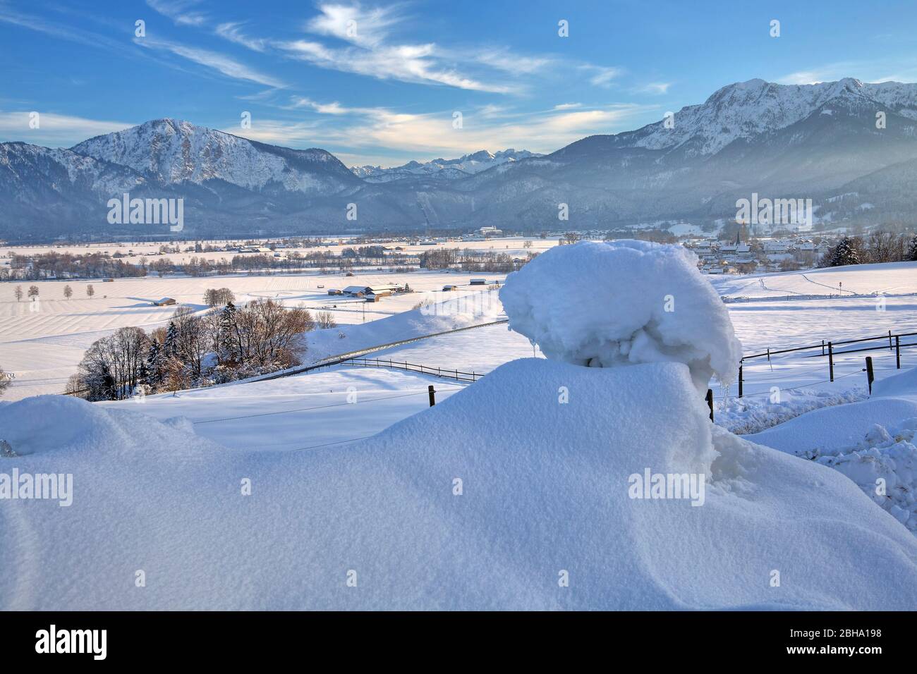 Winter landscape in Loisachtal against Jochberg and Herzogstand, The blue land, Upper Bavaria, Bavaria, Germany Stock Photo