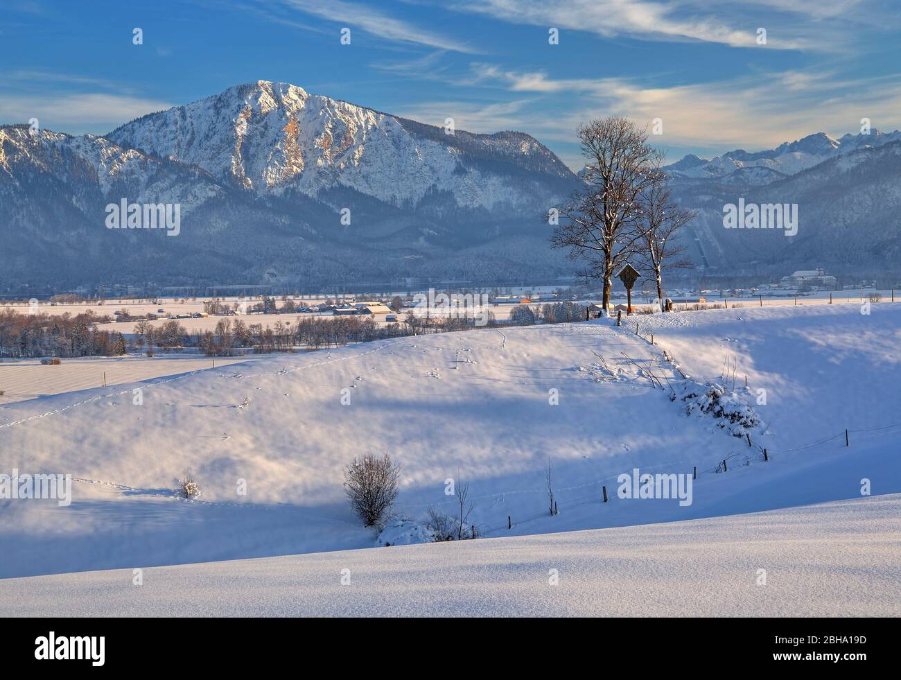 Winter landscape in Loisachtal with view to mount Jochberg, The blue land, Upper Bavaria, Bavaria, Germany Stock Photo