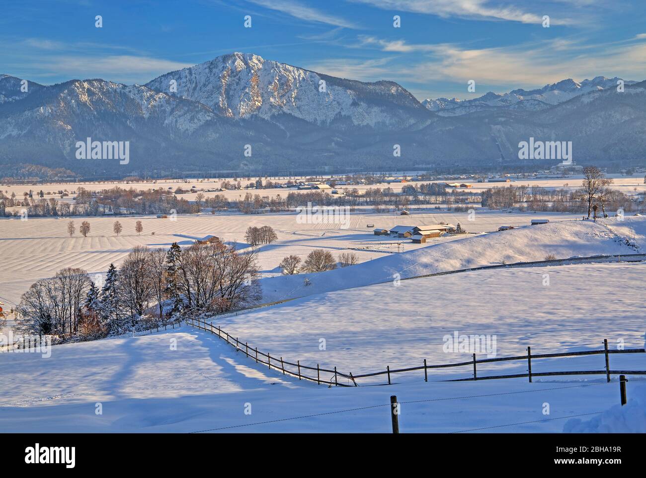 Winter landscape in Loisachtal with view to mount Jochberg, The blue land, Upper Bavaria, Bavaria, Germany Stock Photo