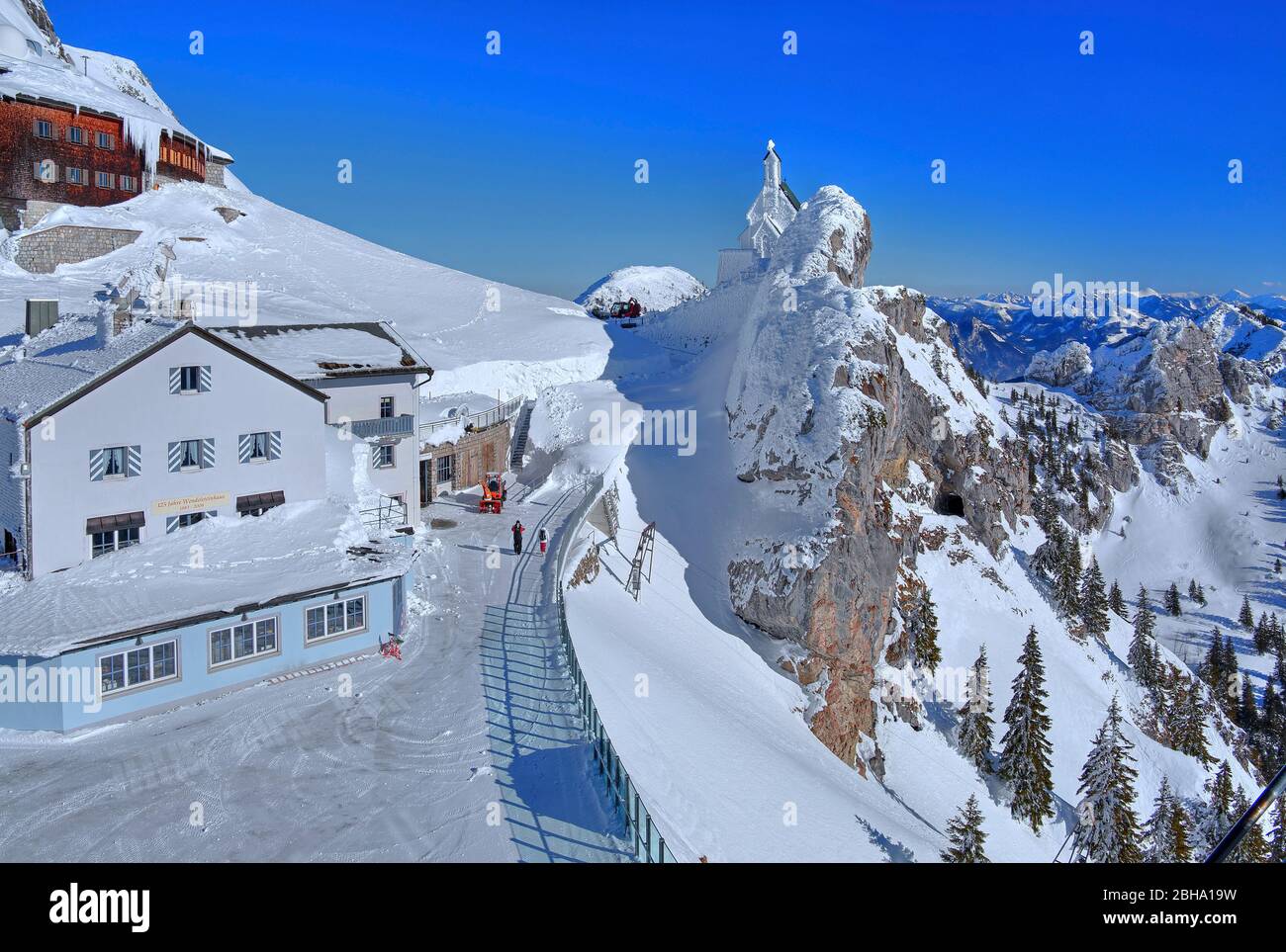 Viewing terrace with mountain house and chapel on the mount Wendelstein in winter, Leitzach valley, Bayrischzell, Mangfall mountains, Upper Bavaria, Bavaria, Germany Stock Photo