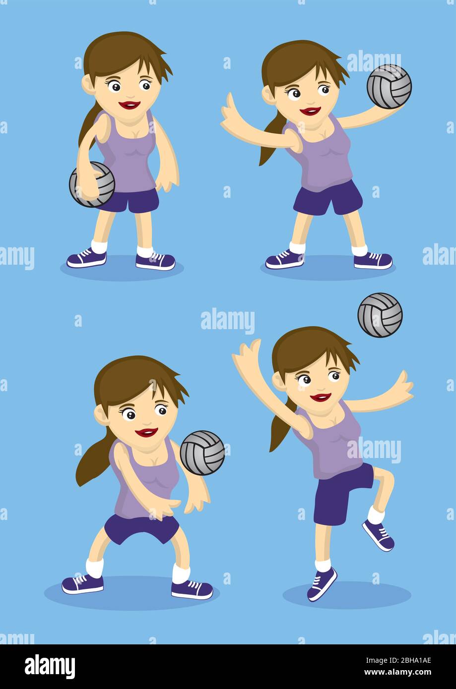 Set of four vector cartoon girl playing volley ball. Illustration isolated on blue background. Stock Vector