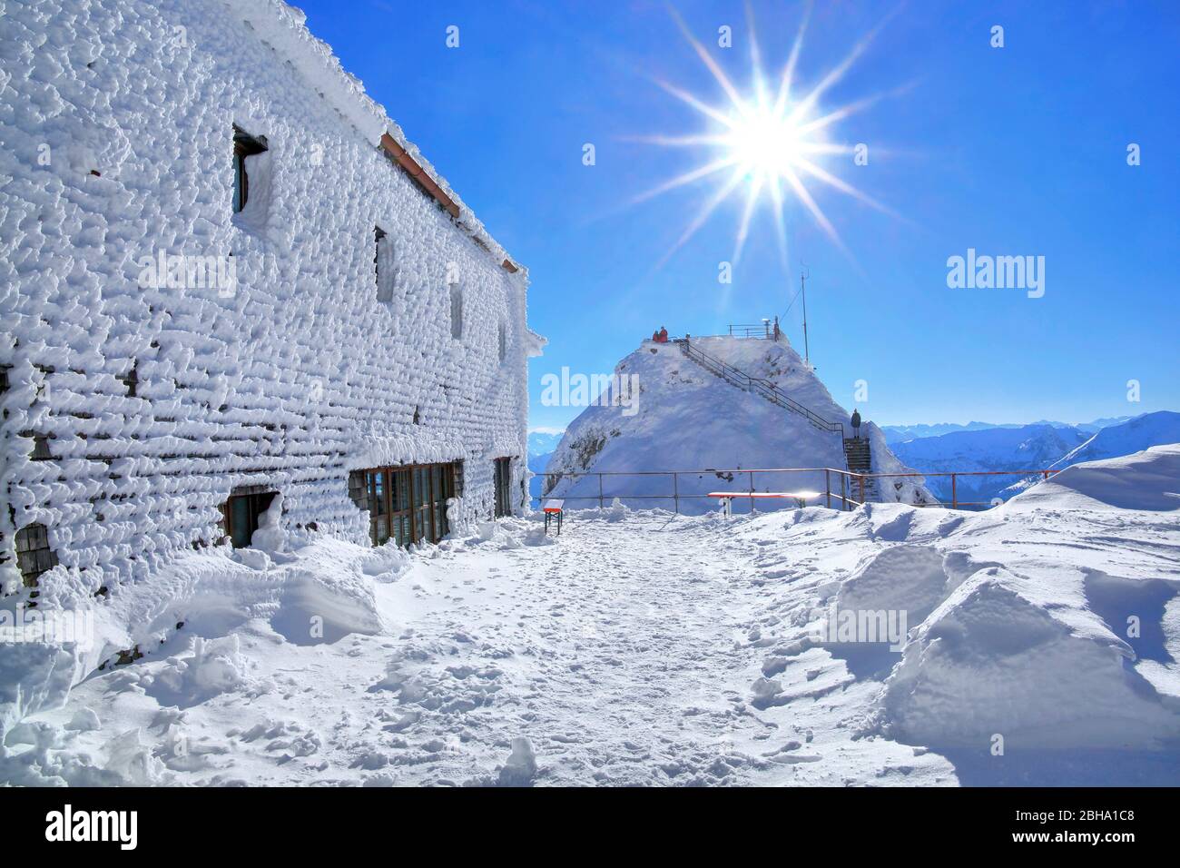 Mountain house on the Mount Wendelstein with view in winter, Leitzach valley, Bayrischzell, Mangfall Mountains, Upper Bavaria, Bavaria, Germany Stock Photo