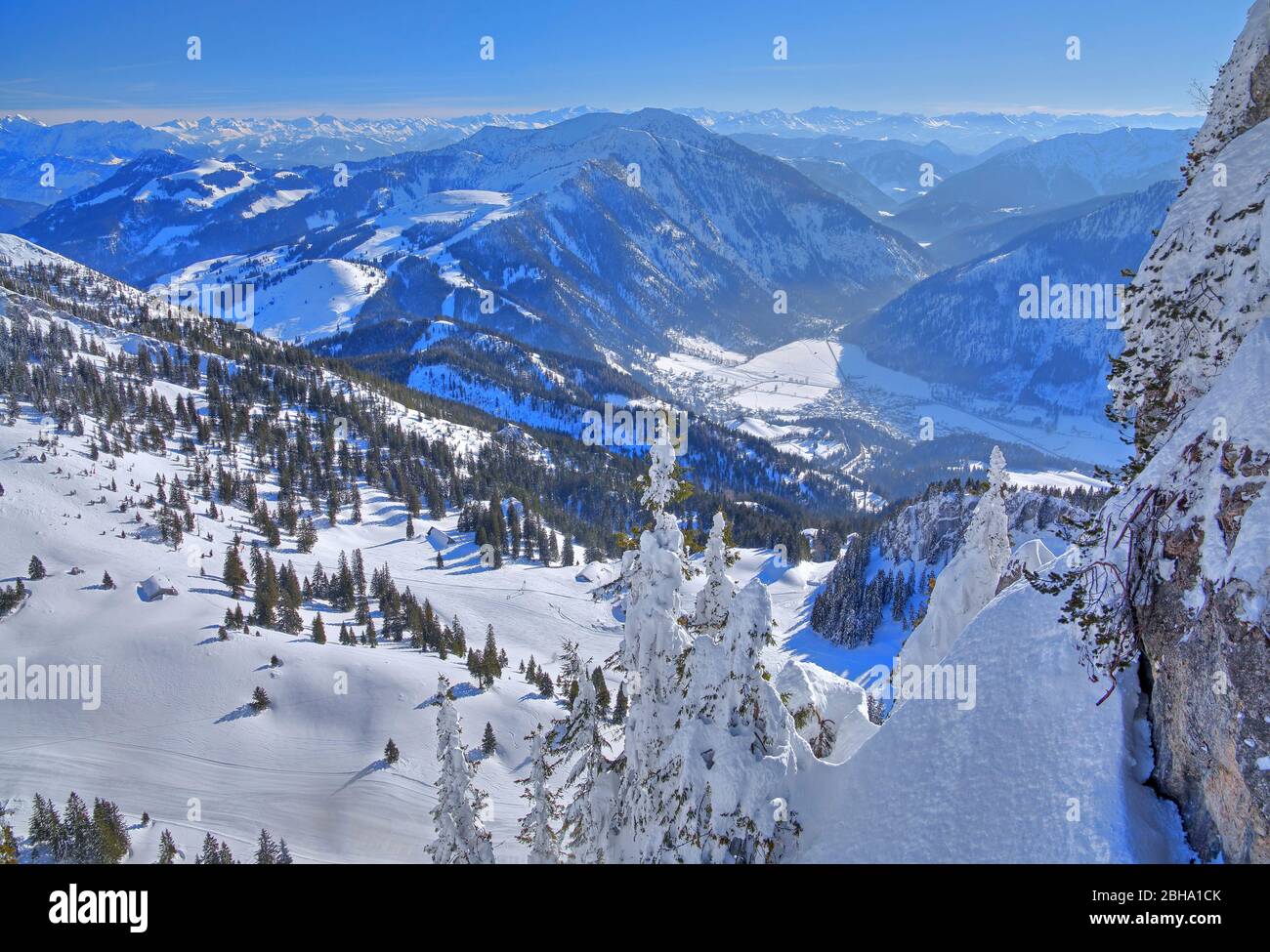 View from Wendelstein to Leitzach valley in winter, Bayrischzell, Mangfall mountains, Upper Bavaria, Bavaria, Germany Stock Photo