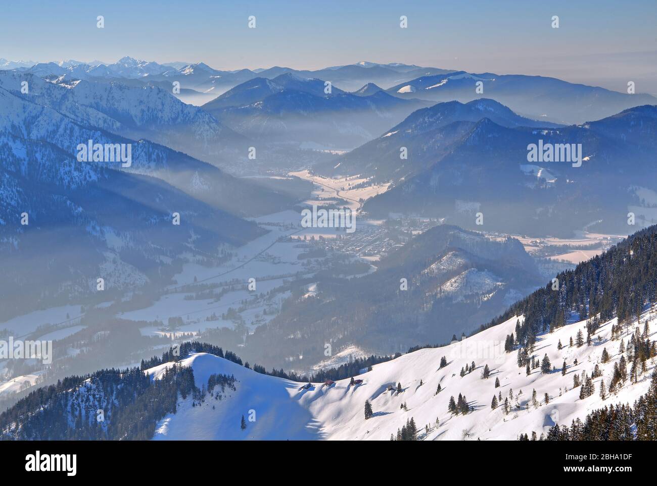 View from Mount Wendelstein to Leitzach valley in winter, Bayrischzell, Mangfall mountains, Upper Bavaria, Bavaria, Germany Stock Photo