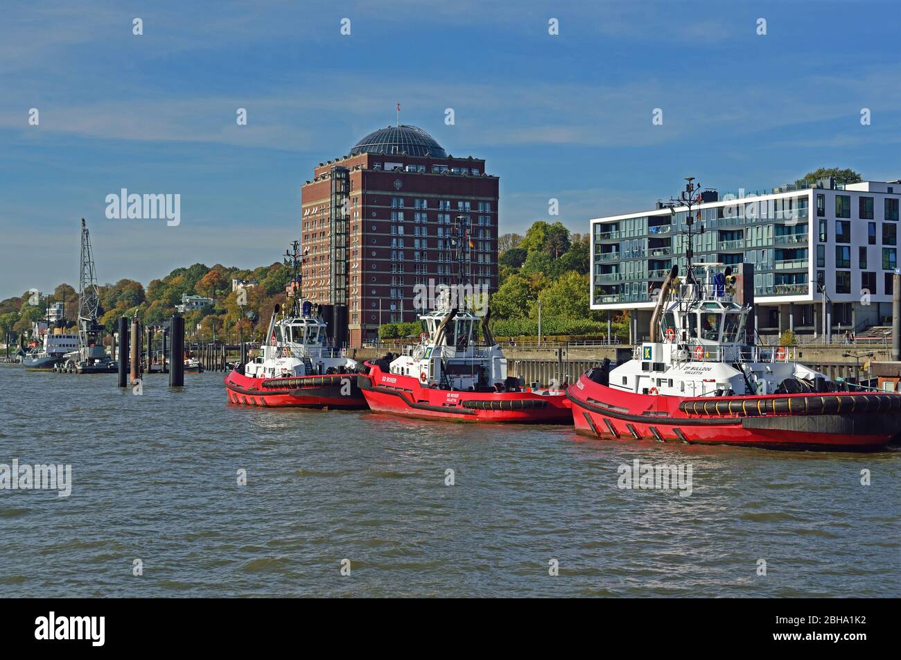 Europe, Germany, Hamburg, harbor, Elbe, tug station, left retirement home Augustinum, Stock Photo