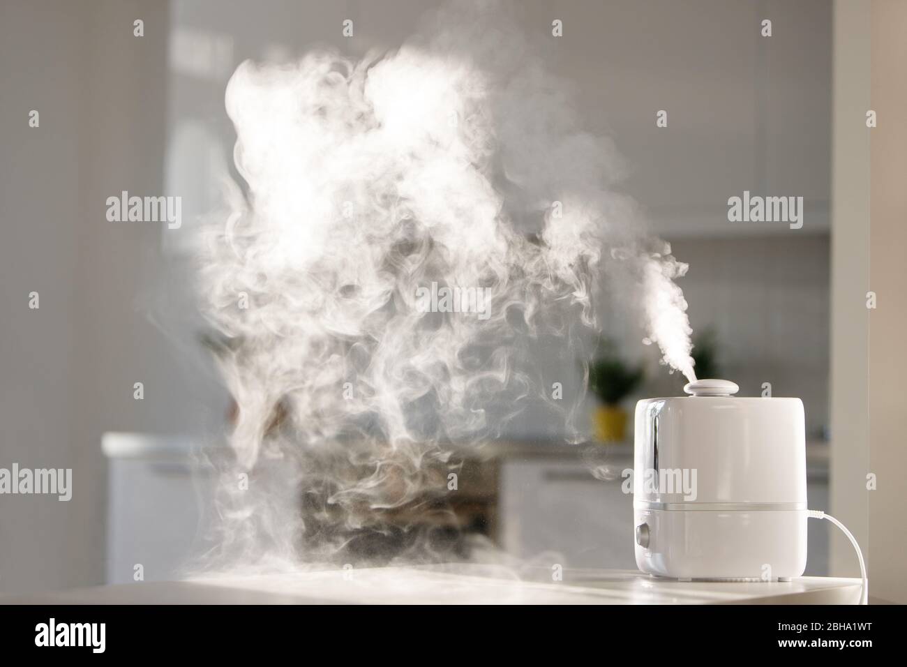 Close up of aroma oil diffuser on the table at home, steam from the air humidifier. Ultrasonic technology, increase in air humidity indoors, comfortab Stock Photo
