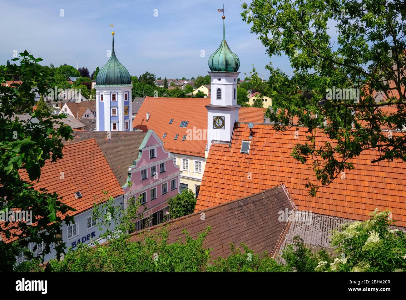 View from the castle over Burgau, Stadttor and Altes Rathaus, Swabia, Bavaria, Germany Stock Photo