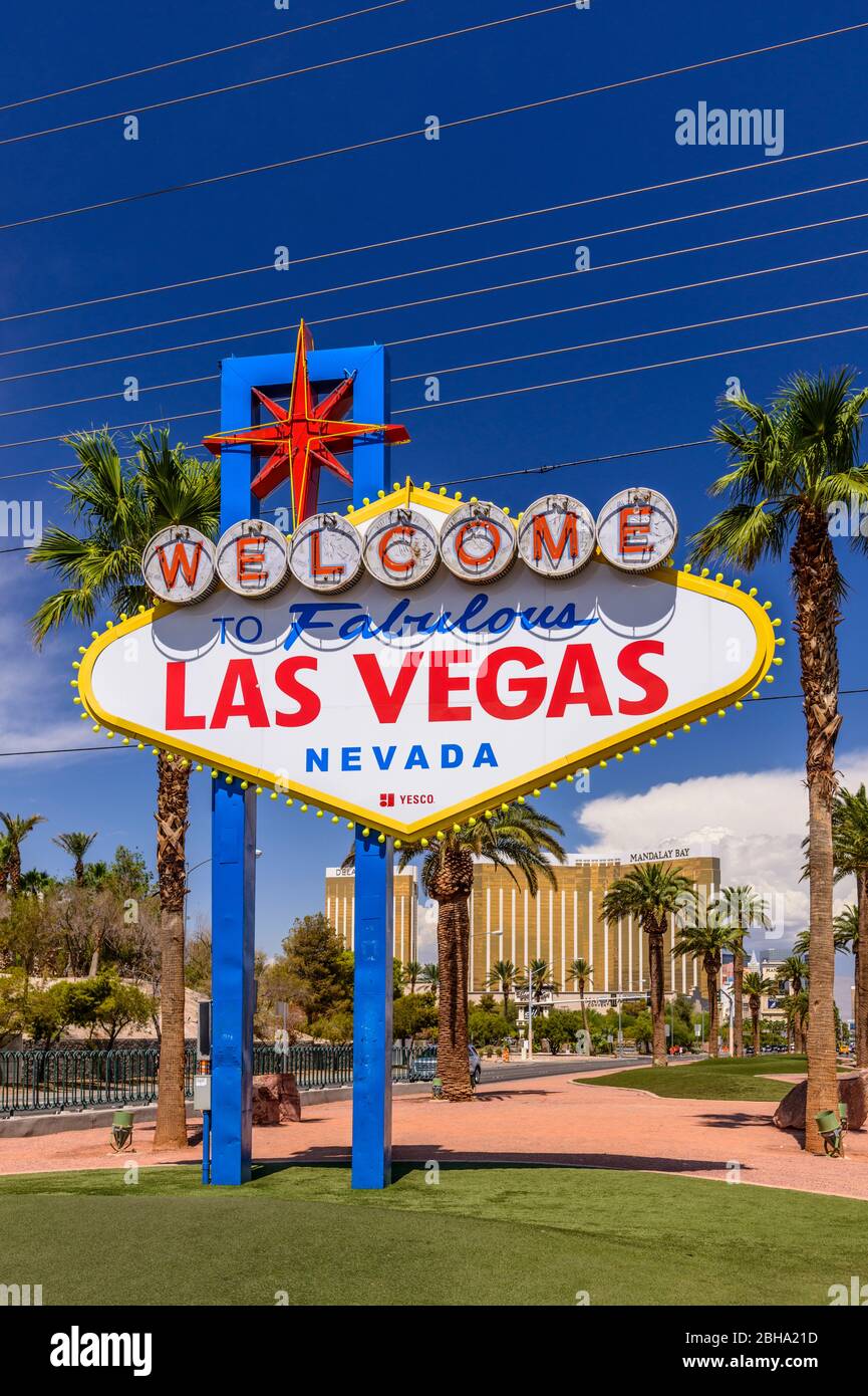 USA, Nevada, Clark County, Las Vegas, Las Vegas Boulevard, The Strip, Las Vegas Welcome Sign Stock Photo