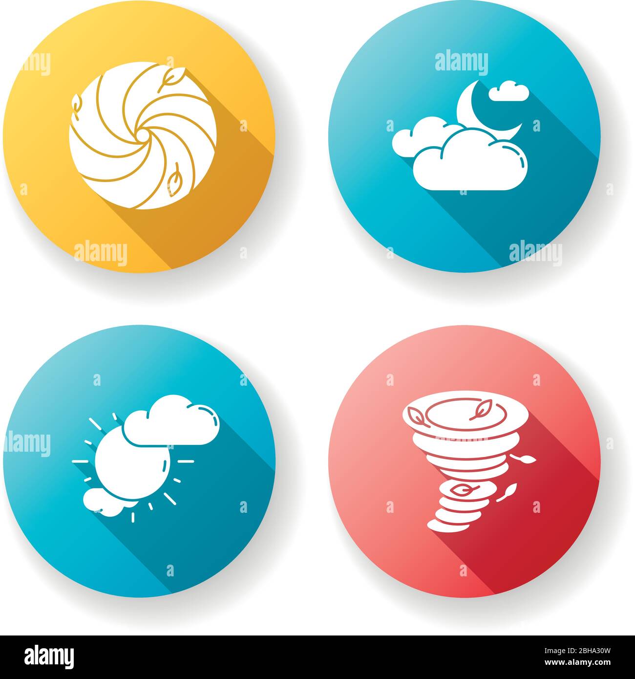 Meteorological warning flat design long shadow glyph icons set Stock Vector