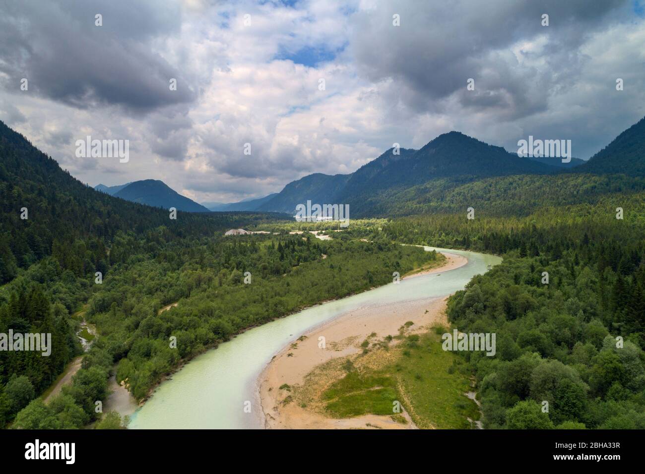 Summer, aerial view, river, Isartal, Isar, Bavaria, Germany, Europe Stock Photo
