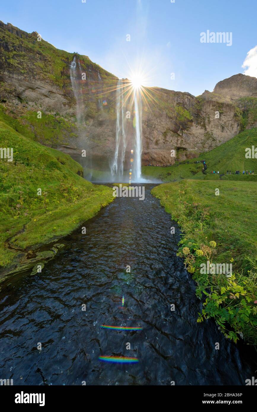 Sonnenaufgang, Wasserfall, Seljalandfoss, Seljaland, Island, Europa Stock Photo