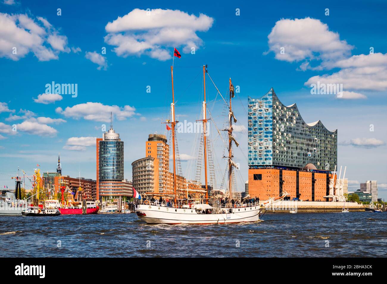Port of Hamburg, Germany with Elbphilharmonie Stock Photo