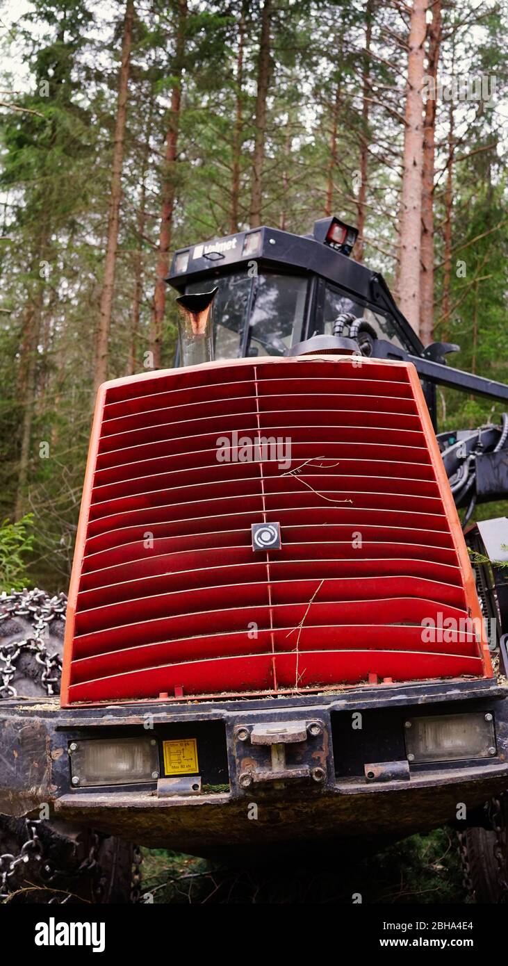 Valmet forestry equipment / harvester logging machine seen from behind Stock Photo