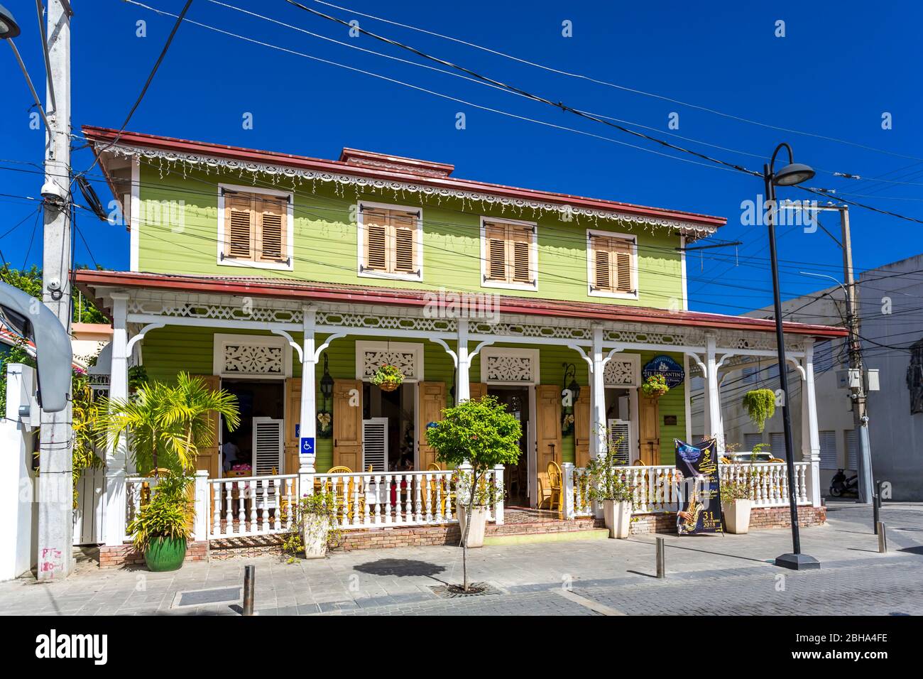 Restaurant El Bergantin, Viktorianische Häuser, Zentrum, Puerto Plata, Dominikanische Republik, Große Antillen, Karibik, Atlantik, Mittelamerika Stock Photo