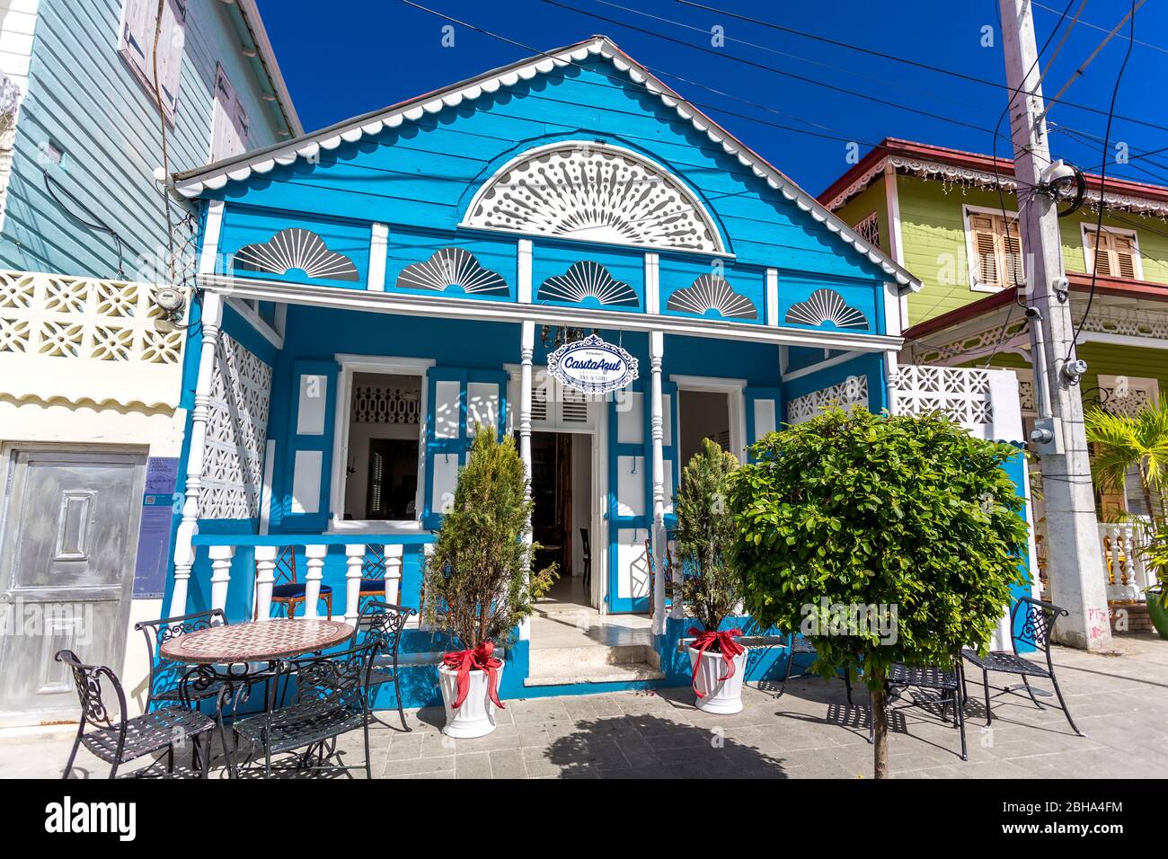 Restaurant Casita Azul, Viktorianische Häuser, Zentrum, Puerto Plata, Dominikanische Republik, Große Antillen, Karibik, Atlantik, Mittelamerika Stock Photo