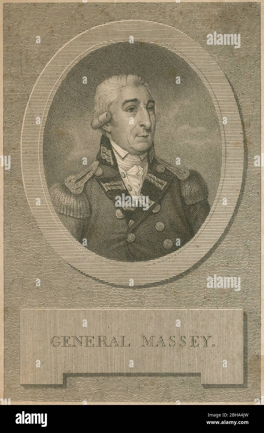 Antique 1800 engraving, Eyre Massey, 1st Baron Clarina. Eyre Massey, 1st Baron Clarina (1719-1804), was an Anglo-Irish British army officer of the 18th century, known primarily for his successful action at La Belle-Famille during the French and Indian War. SOURCE: ORIGINAL ENGRAVING Stock Photo