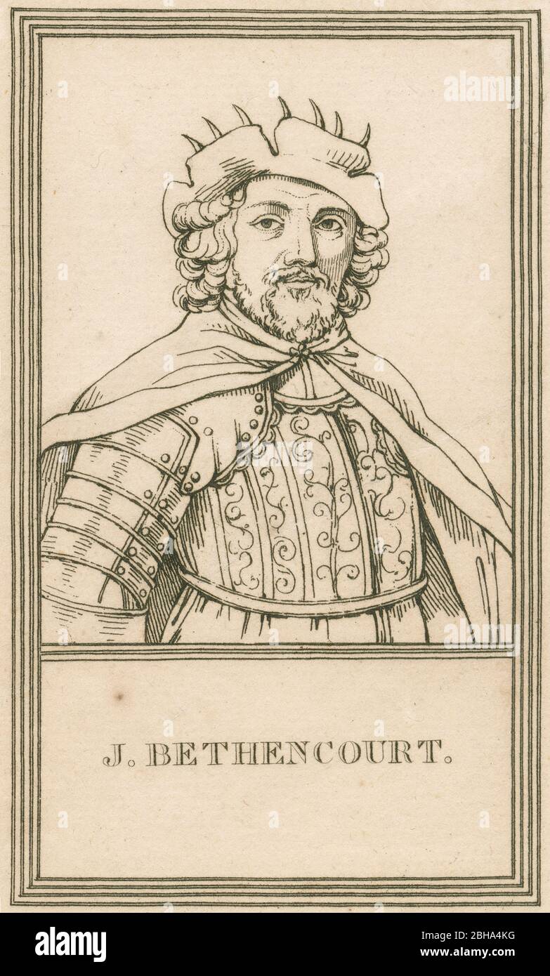 Antique c1800 engraving, Jean de Béthencourt. Jean de Béthencourt (1362-1425) was a French explorer who in 1402 led an expedition to the Canary Islands. SOURCE: ORIGINAL ENGRAVING Stock Photo