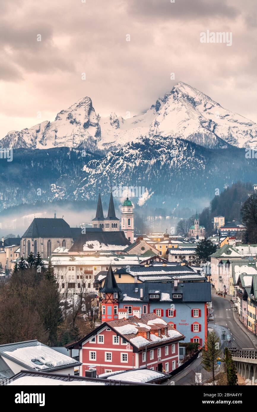 Historic town of Berchtesgaden in winter with the Watzmann mountain, Berchtesgadener Land, Upper