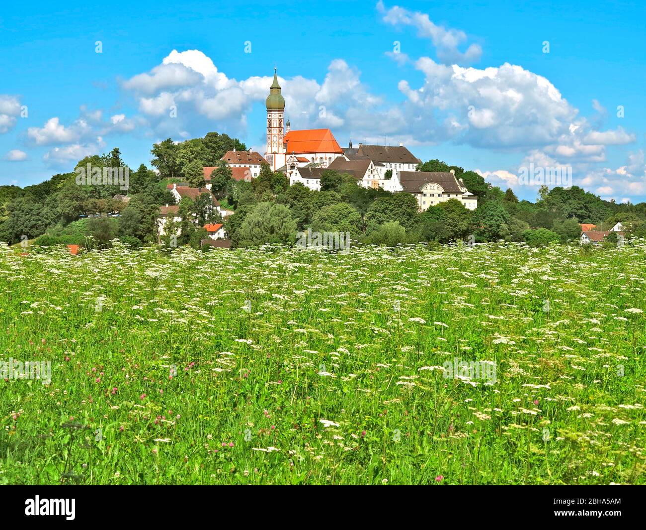 Germany, Upper Bavaria, Andechs mit Klosterkirche, summer meadow Stock Photo