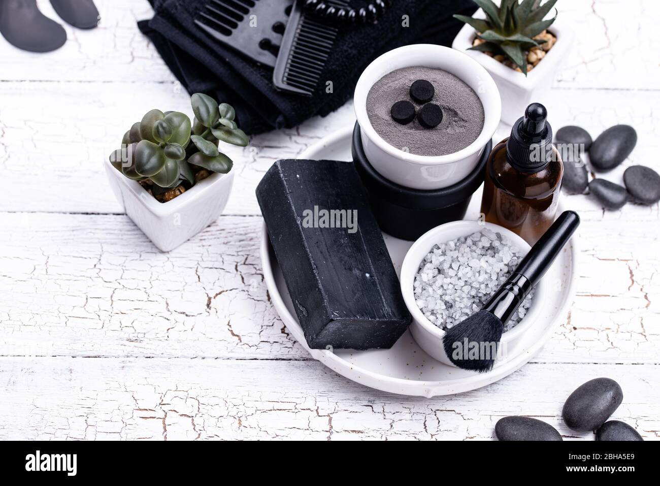 Set of black charcoal detox cosmetics Stock Photo Alamy