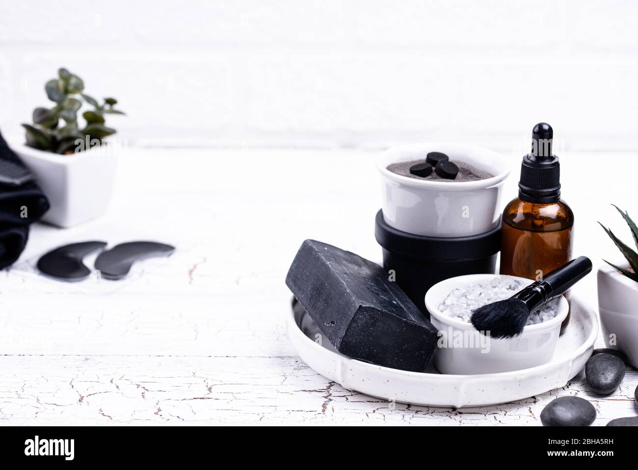 Set of black charcoal detox cosmetics Stock Photo Alamy