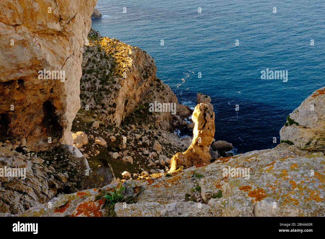 Landscape and cliffs of the peninsula Formentor from the viewpoint Mirador del Mal Pas, also called Mirador d'es Colomer, Mallorca, Balearic Islands, Spain Stock Photo